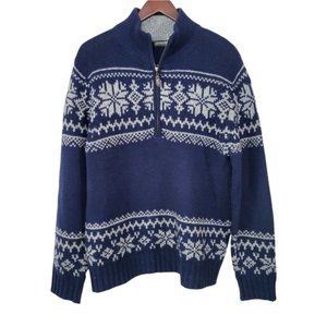 ST.JOHN’S Bay Wool Fair Isle Sweater Medium Navy Snowflake Half Zip Pullover